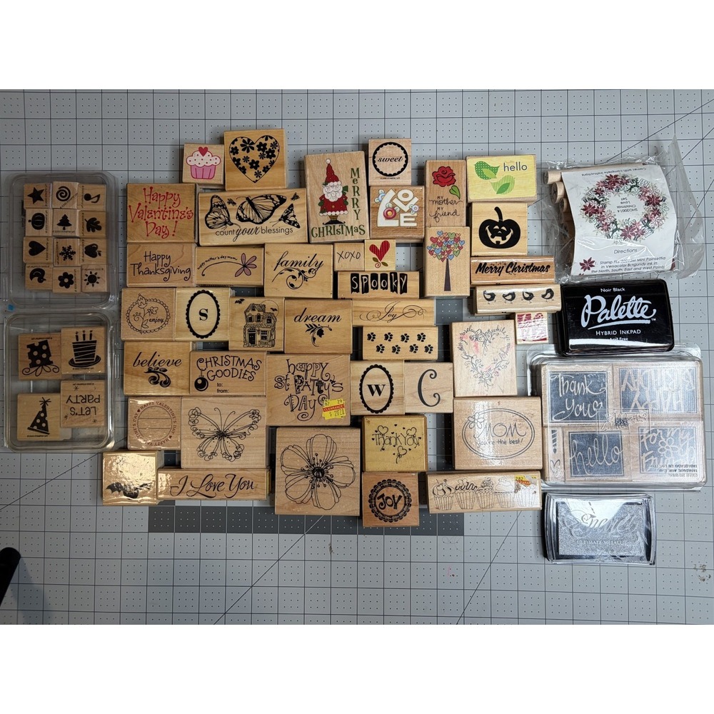 Wood Mounted Rubber Craft Scrapbooking Stamps Huge Lot of 70